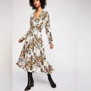 Free People Ivory Floral Long Sleeve Tough Love‎ Casual Midi Shirt Dress Size 4